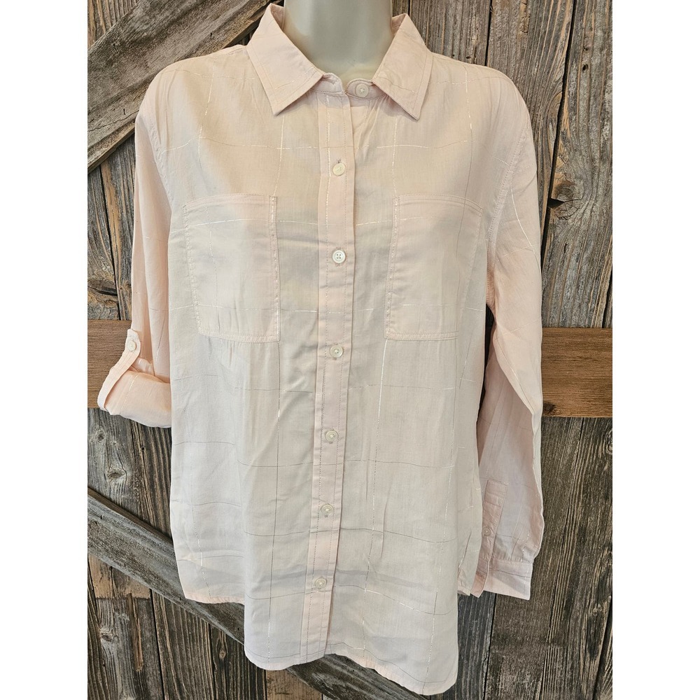 Calvin klein roll tab sleeve light weight shiny button up Career Casual blouse^